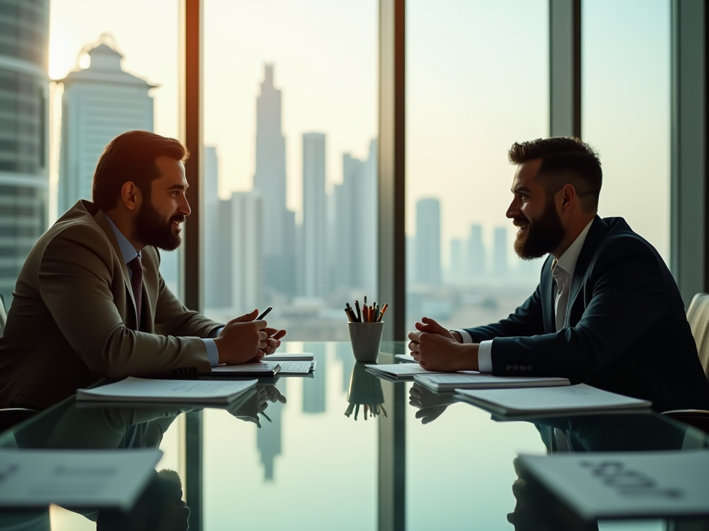 Two businessmen engaged in a discussion at a conference table with a city skyline in the background.