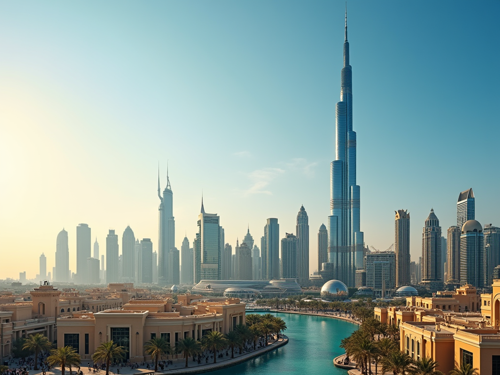 Sunlit view of Dubai skyline with Burj Khalifa towering over surrounding skyscrapers and water canal.