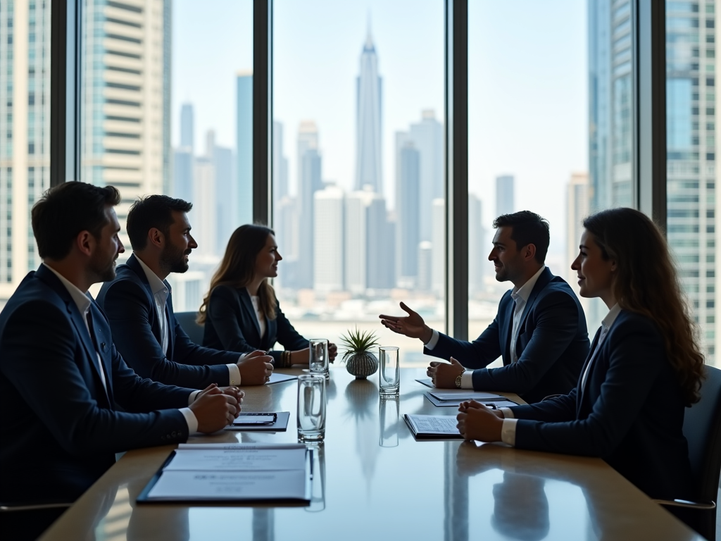 Business professionals in a meeting room with city skyline in the background.