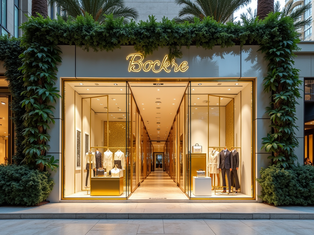 Illuminated luxury boutique "Bockre" entrance with displayed clothing, surrounded by vibrant greenery.