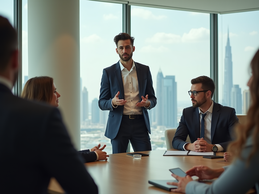 Man presenting at a meeting with colleagues in a high-rise office overlooking a city skyline.