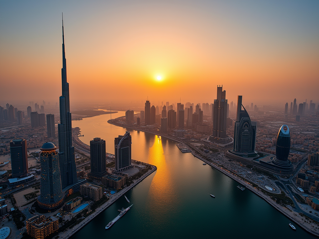 Aerial view of Dubai skyline at sunset with the Burj Khalifa and river.