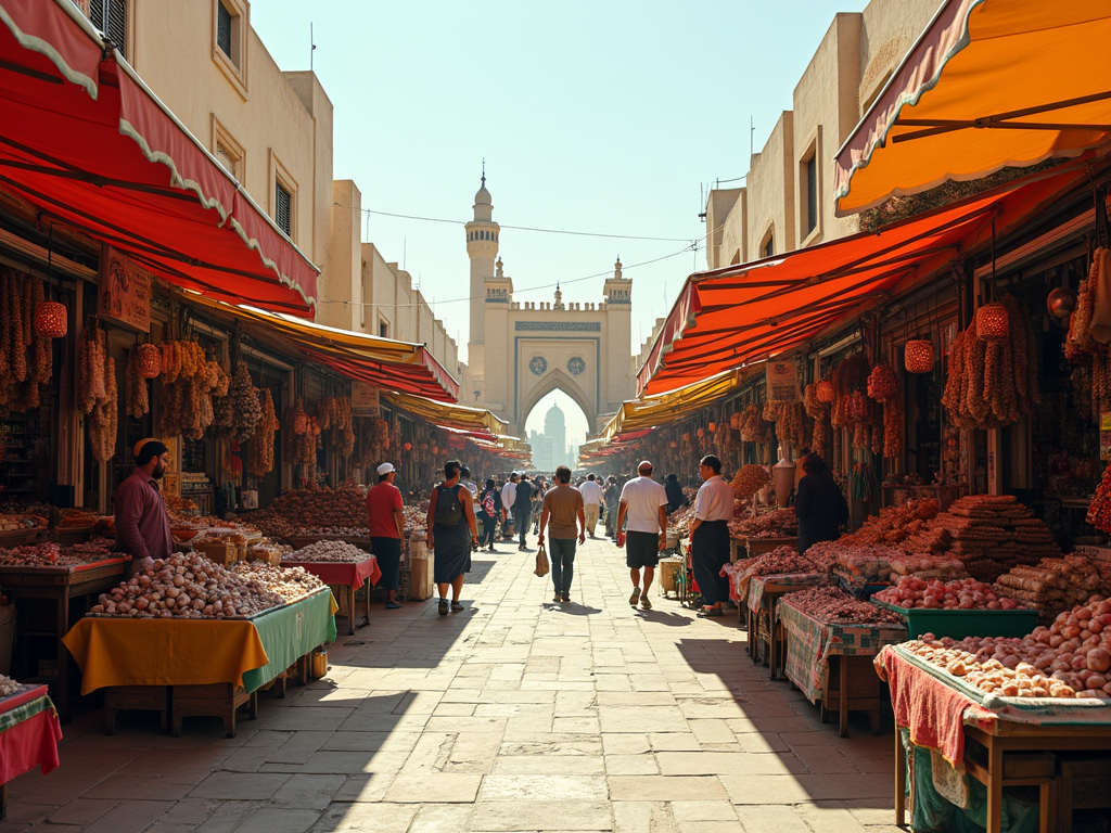 Bustling market street teeming with vendors selling spices and foods under colorful awnings, with an ornate archway in the distance.