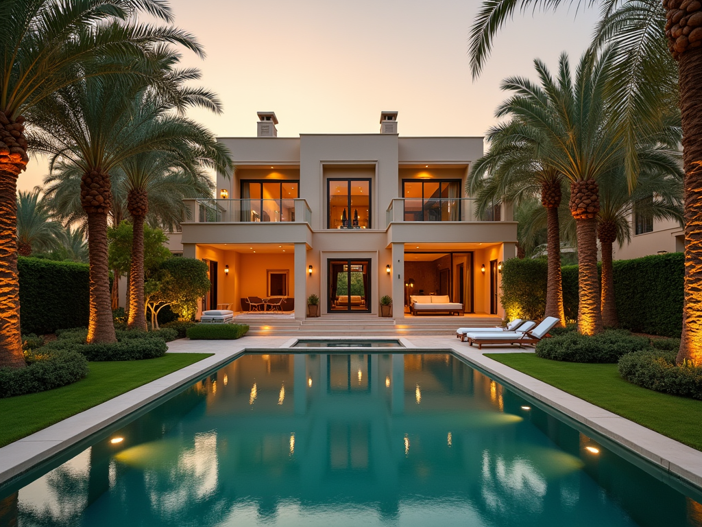 Luxurious house with pool surrounded by palm trees during twilight.