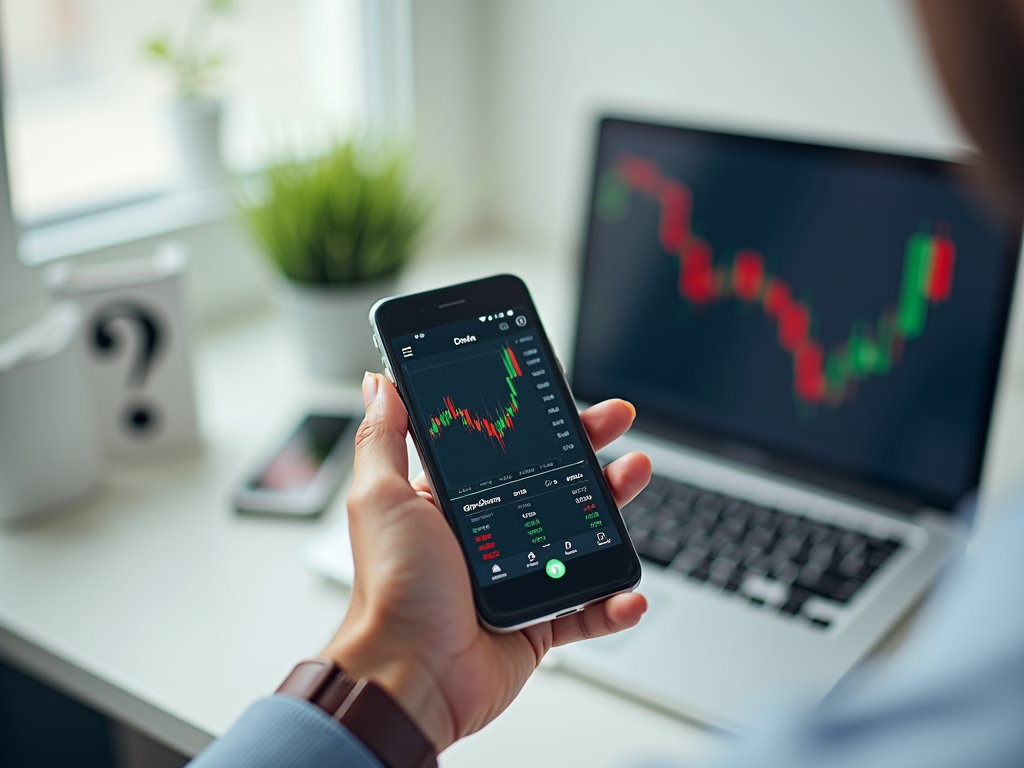 Person checking stock market graphs on smartphone with laptop displaying similar graphs in the background.