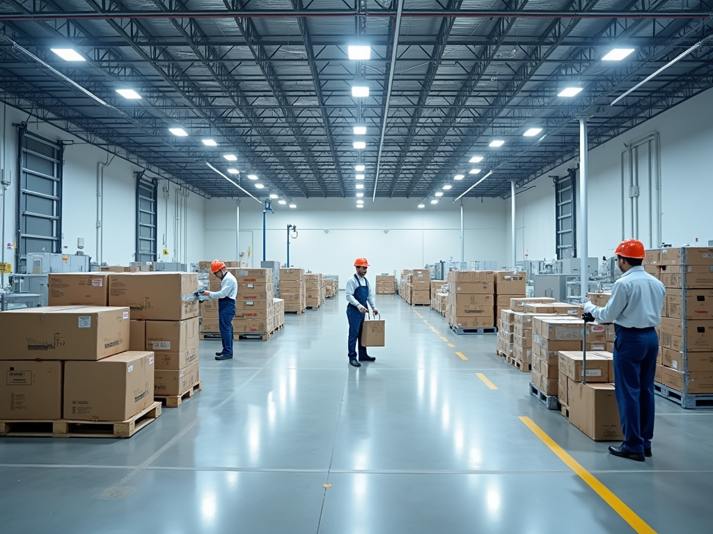 Workers in hard hats handling packages in a large, modern warehouse.