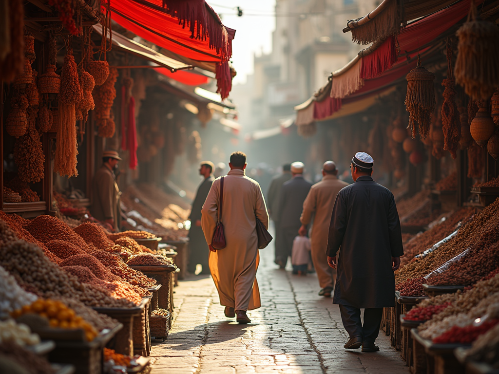 Men walking through a vibrant market street bordered by stalls with dried fruits and spices.