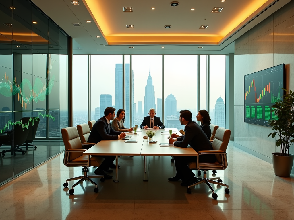 Business people discussing in a modern boardroom overlooking a city skyline with financial charts on screens.