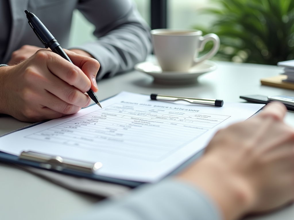 Person filling out a form at a desk with a pen, coffee cup, and mobile phone nearby.