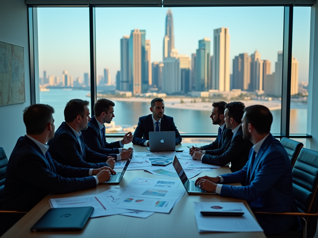 Businessmen in meeting in a modern office with city skyline in background.