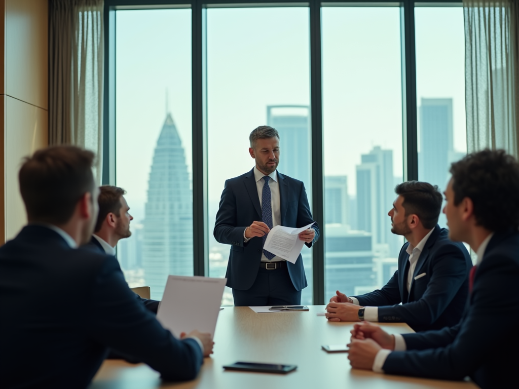 Businessman giving a presentation to colleagues in a modern office with city skyline in background.