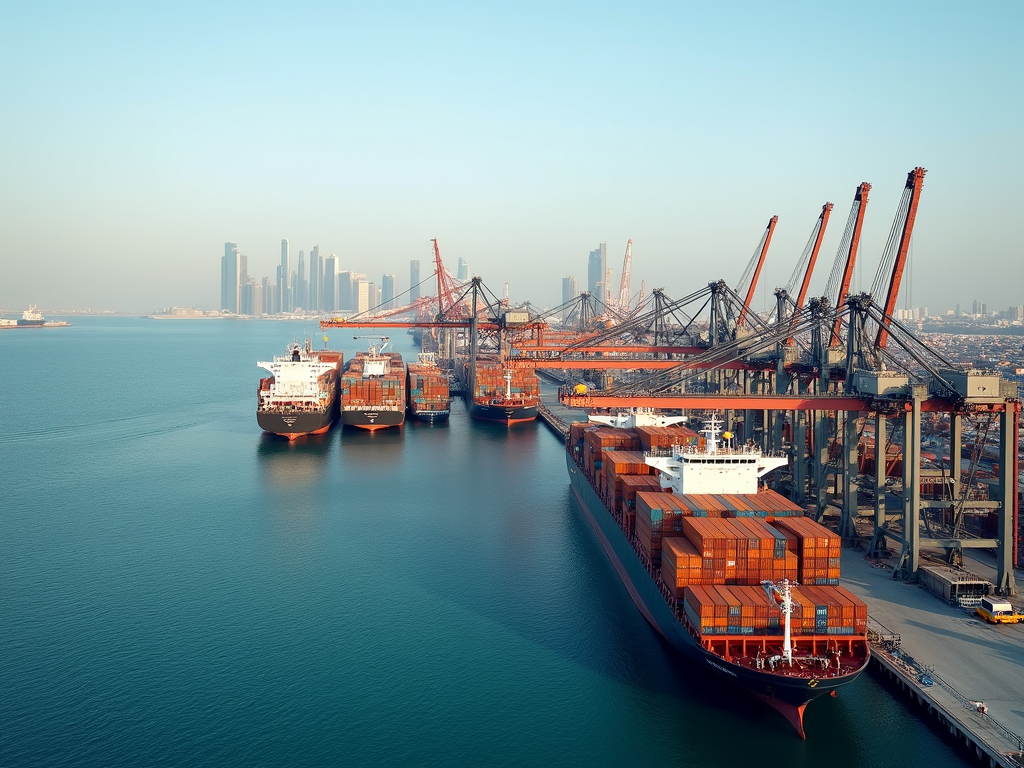 Busy cargo port with multiple ships and cranes, city skyline in the background.