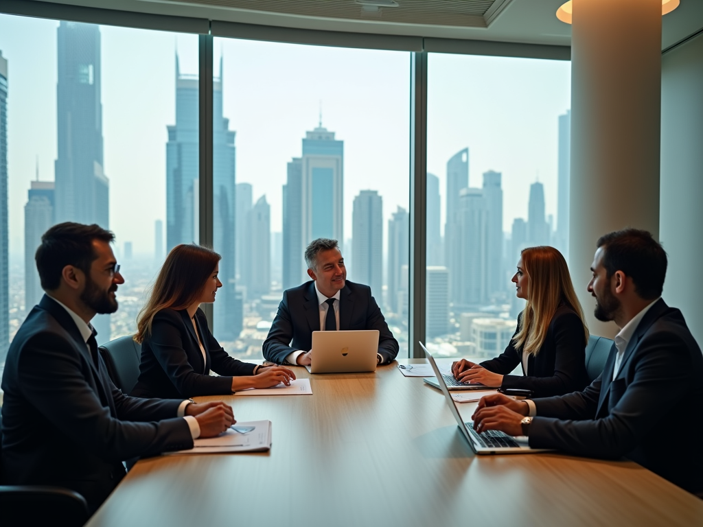 Business meeting in progress in a high-rise office with city skyline in background.