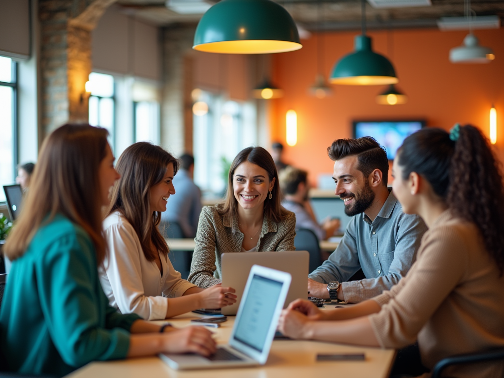 Group of five professionals smiling and discussing around a laptop in a vibrant office space.