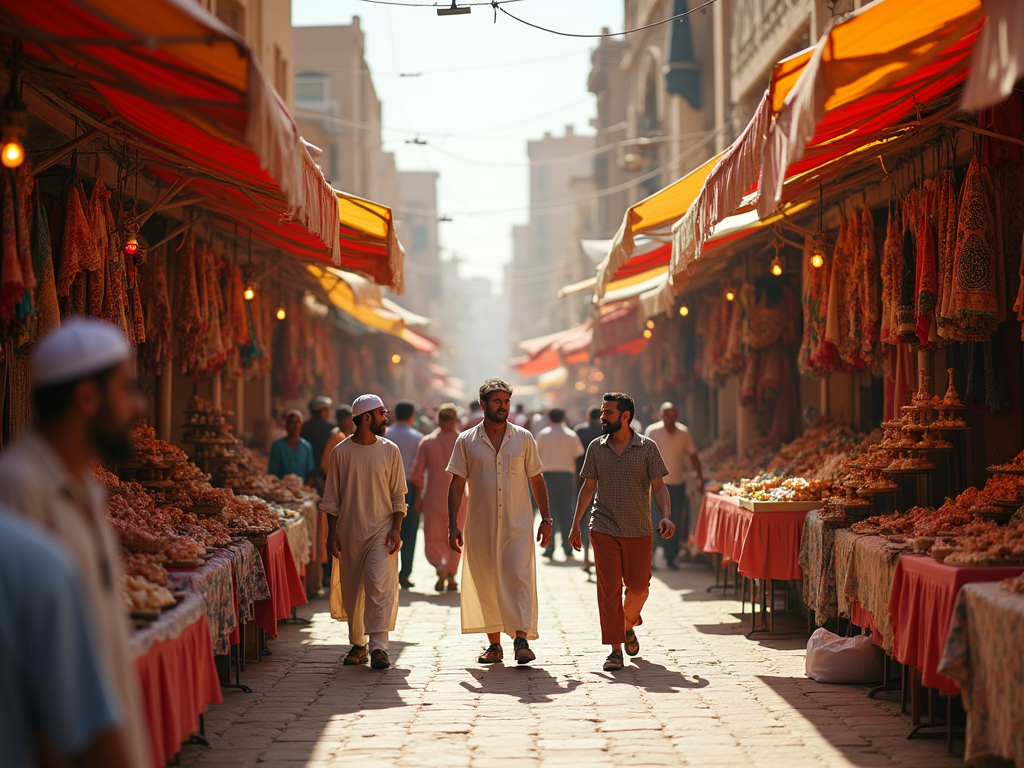 Men walking through a vibrant market street lined with stalls selling colorful textiles and spices.