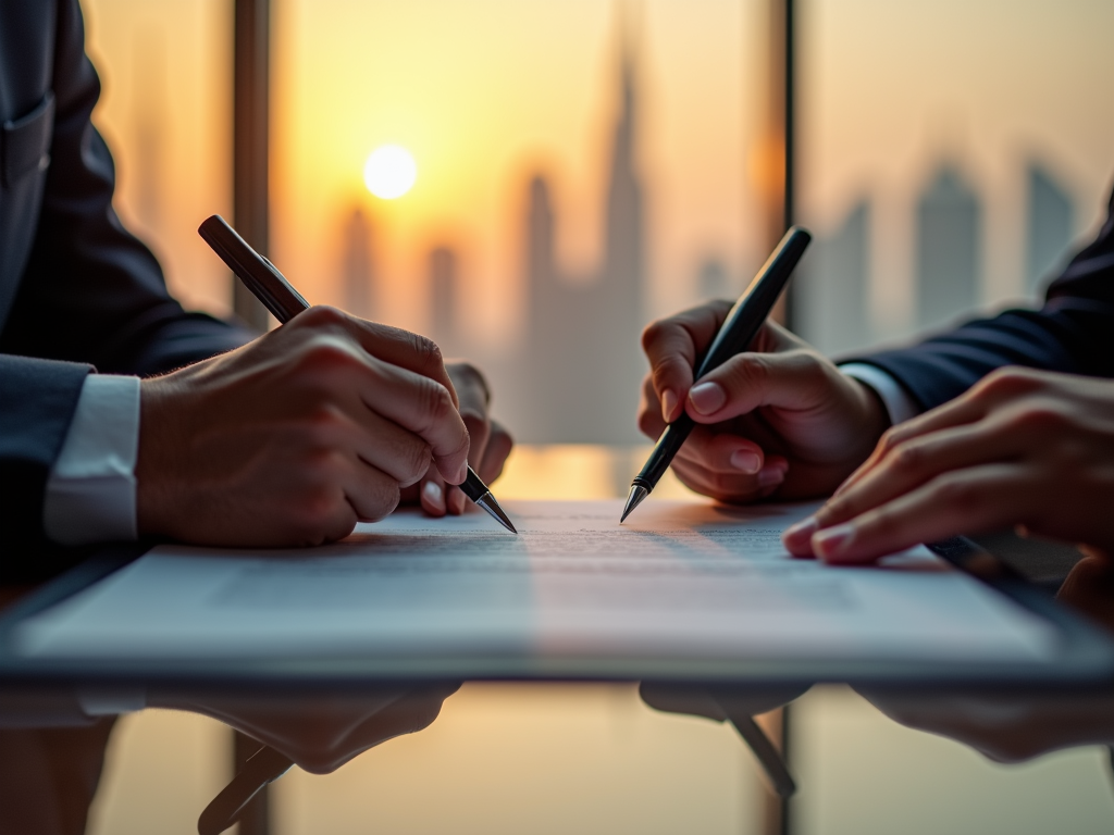 Two people in suits signing a document with a sunset cityscape in the background.