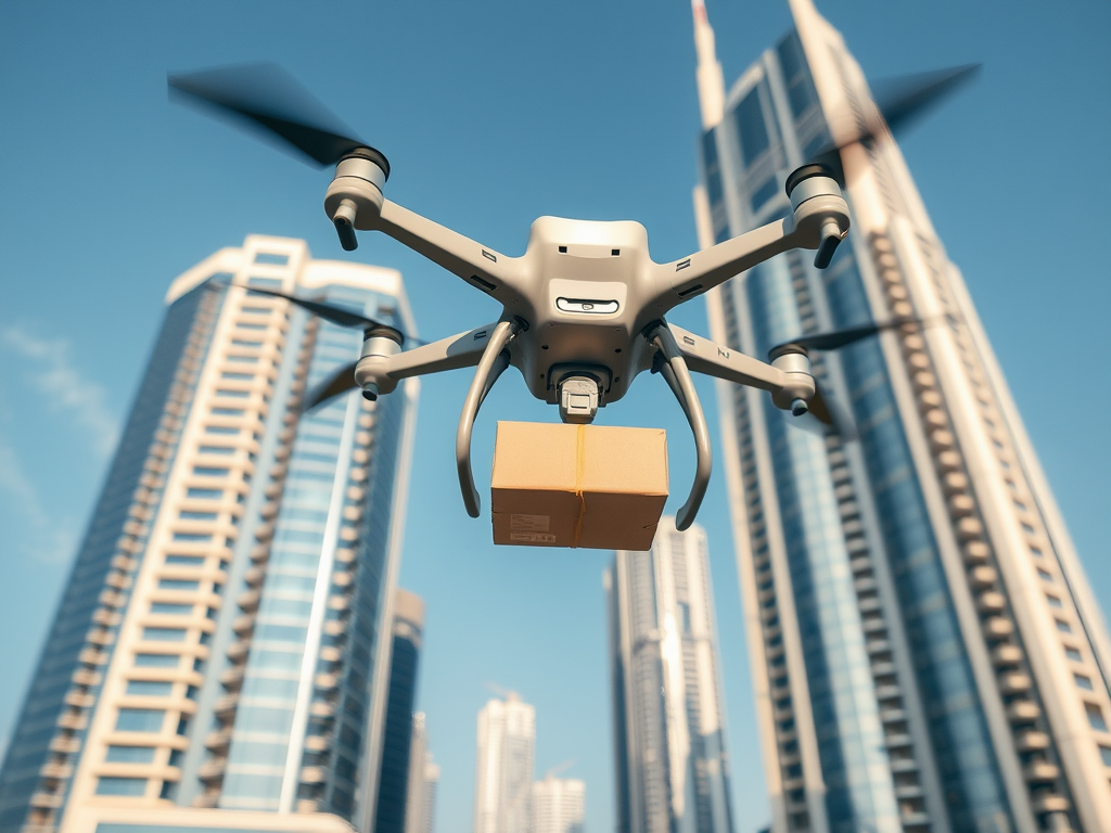 A drone carrying a package flies above modern skyscrapers under a clear blue sky.