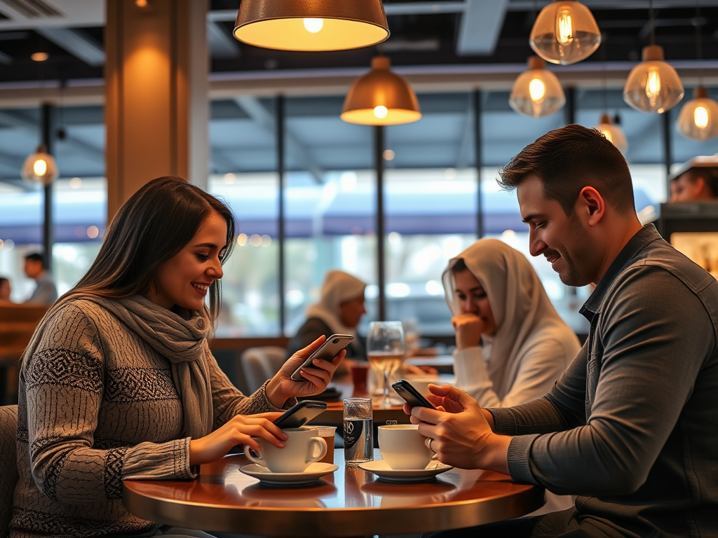 Two people are sitting at a café table, smiling and using their smartphones, with coffee cups in front of them.