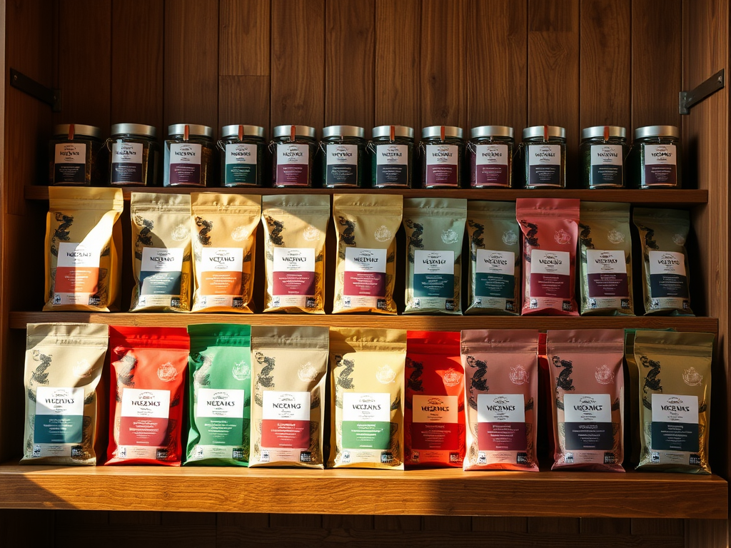 A wooden shelf displays various colorful bags and jars of tea, neatly arranged in rows.