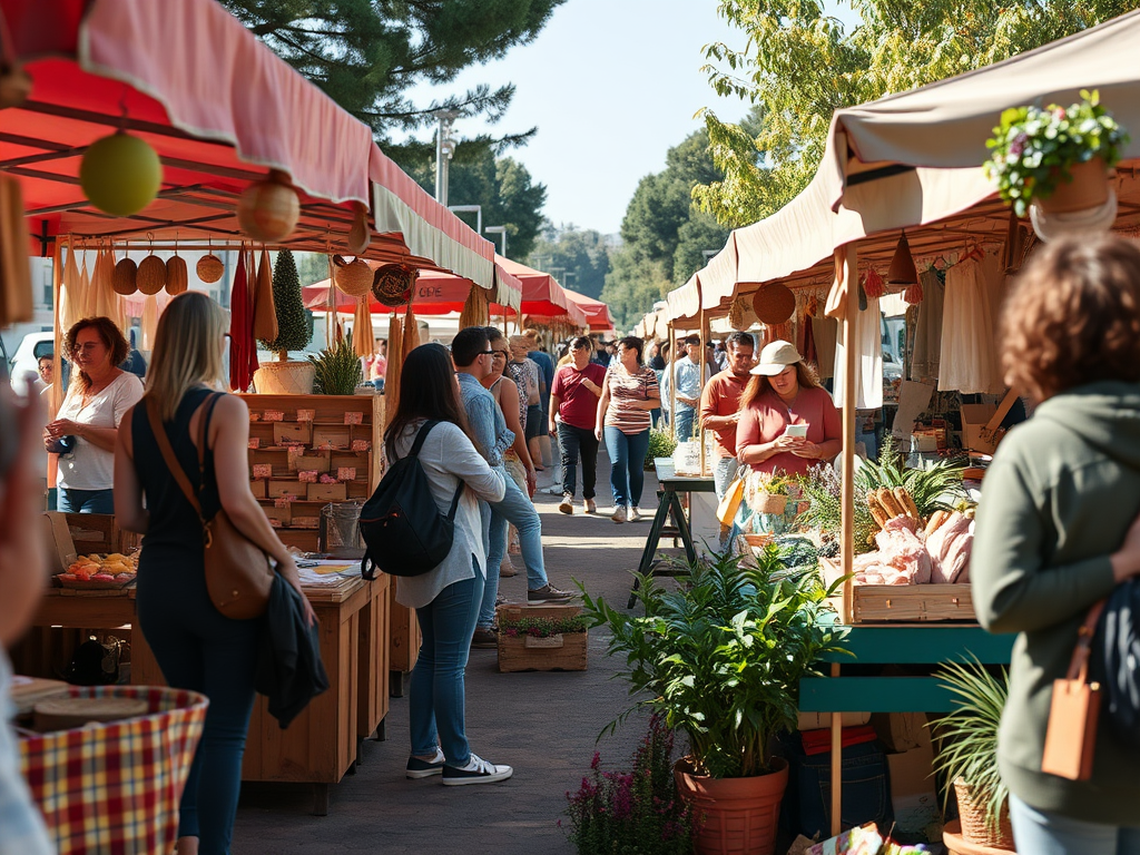 A lively outdoor market scene with people shopping at colorful stalls under red canopies, surrounded by greenery.