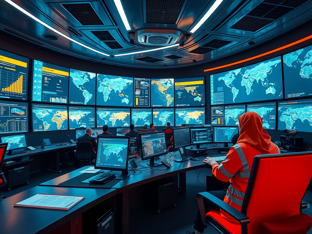 A control room with multiple screens displaying global data, with personnel analyzing information. Bright lighting and modern design.