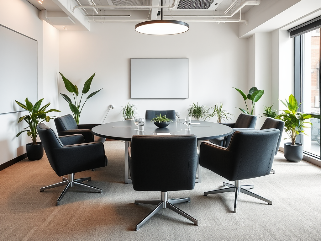 A modern conference room with a circular table, black chairs, and potted plants in a bright, minimalistic space.