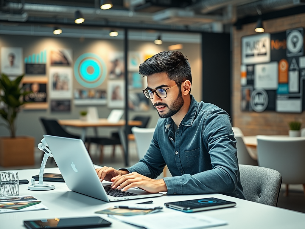 A focused young man works on a laptop in a modern office, surrounded by stylish furniture and motivational decor.