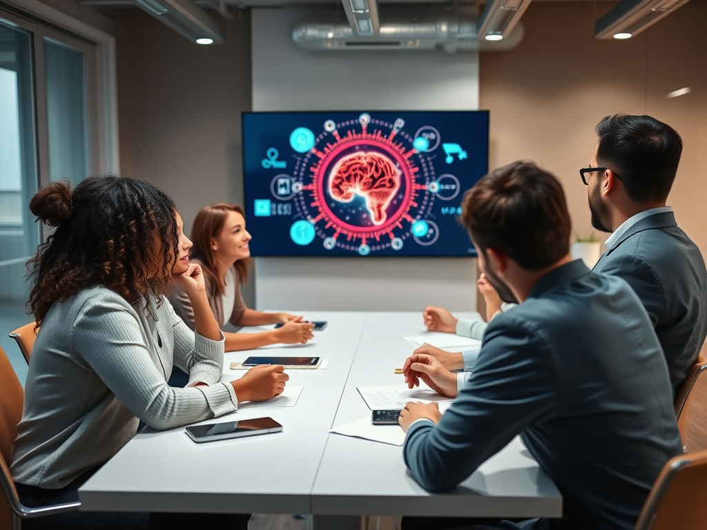 A team discusses ideas in a modern meeting room, with a brain-themed presentation displayed on a screen.