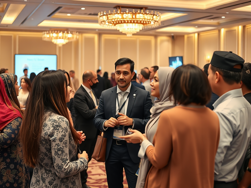 A group of professionals engaging in conversation at a networking event in an elegantly decorated venue.