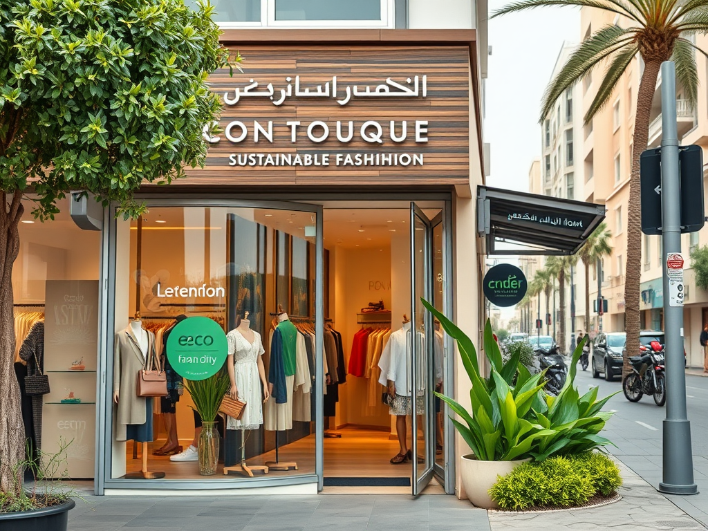 A storefront featuring sustainable fashion with clothing displays, plants, and signs in Arabic and English.