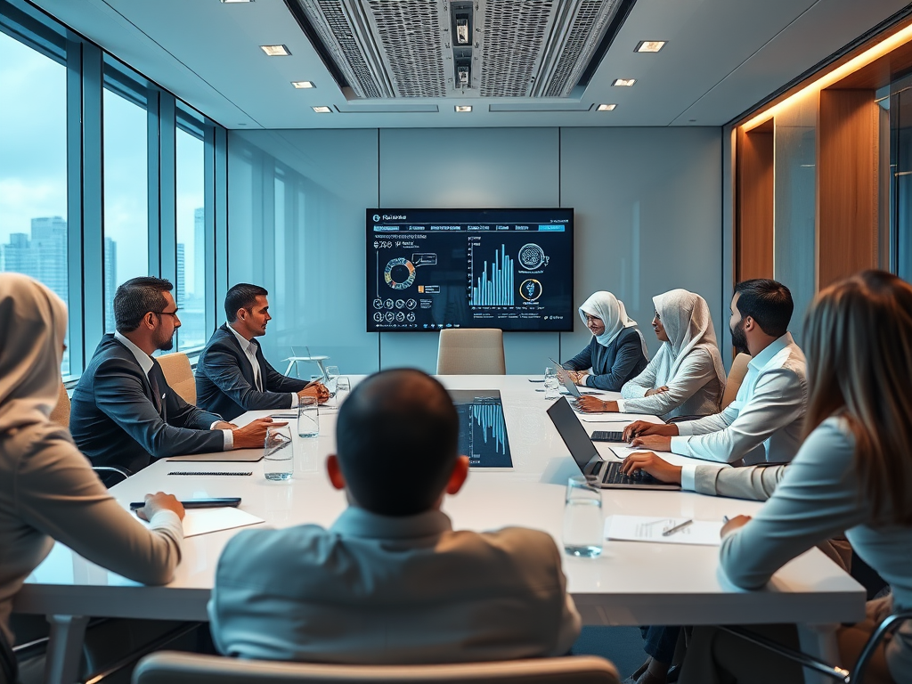 A professional meeting in a modern conference room with graphs displayed on a screen and diverse participants engaged in discussion.