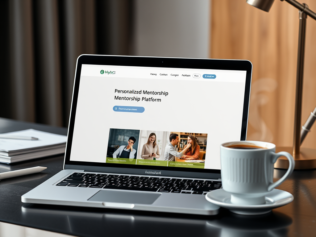 A laptop displays a mentorship platform homepage alongside a cup of coffee on a desk with notebooks.