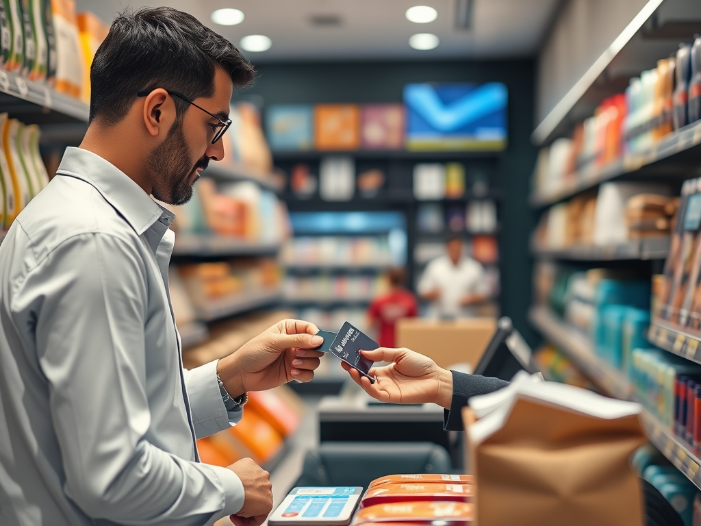 A man hands a card to a cashier in a brightly lit store filled with various products on the shelves.