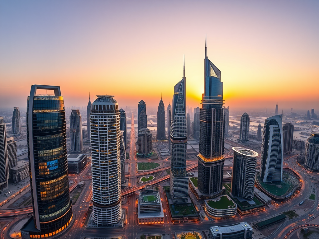 A stunning skyline view at sunset featuring modern skyscrapers and city roads illuminated by lights.