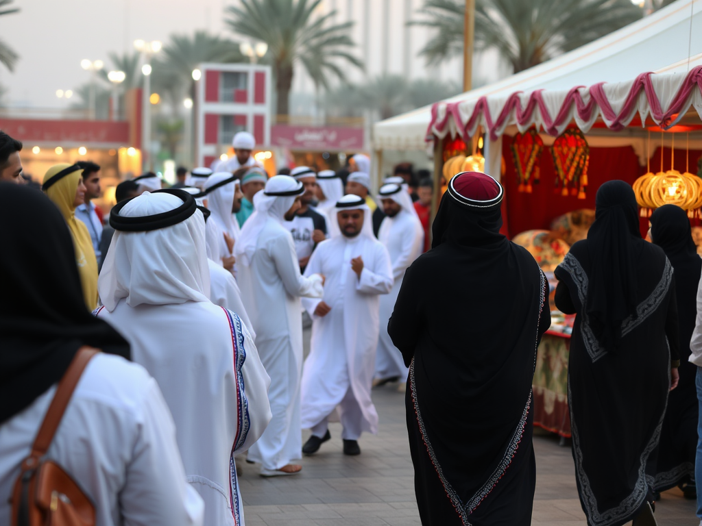 A busy outdoor market scene with people in traditional attire and palm trees in the background, creating a festive atmosphere.