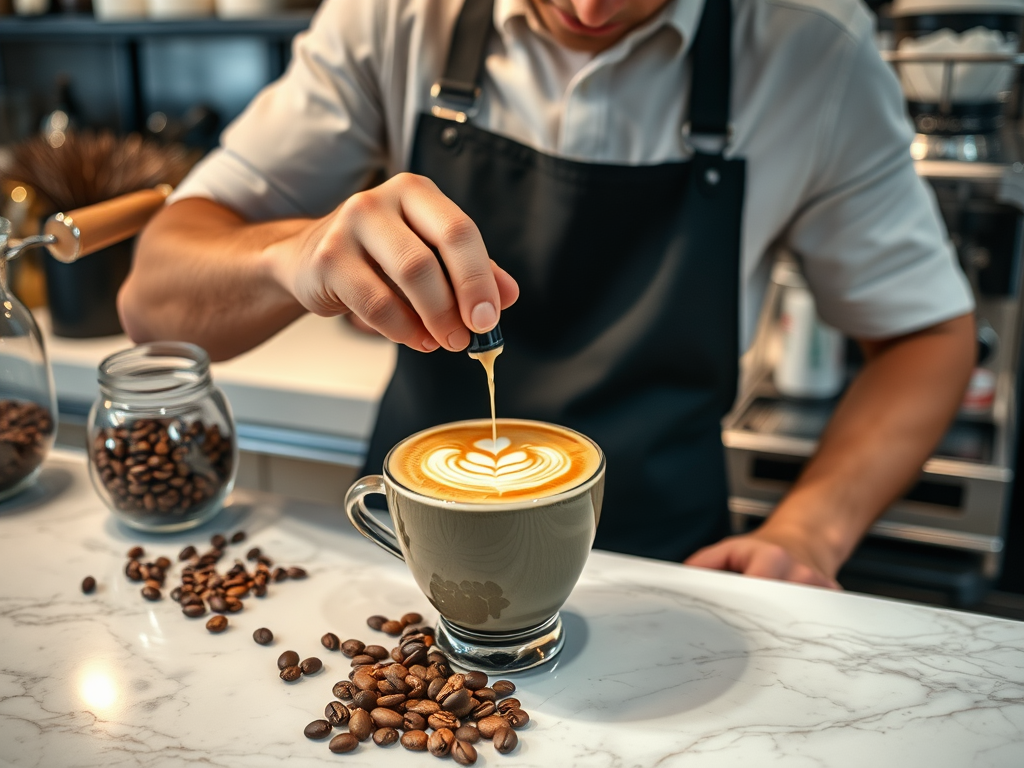 A barista creates a heart design in a latte using a pouring technique, surrounded by coffee beans on the counter.